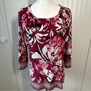 JM Collection pink black white floral long sleeve no wrinkle top Size L